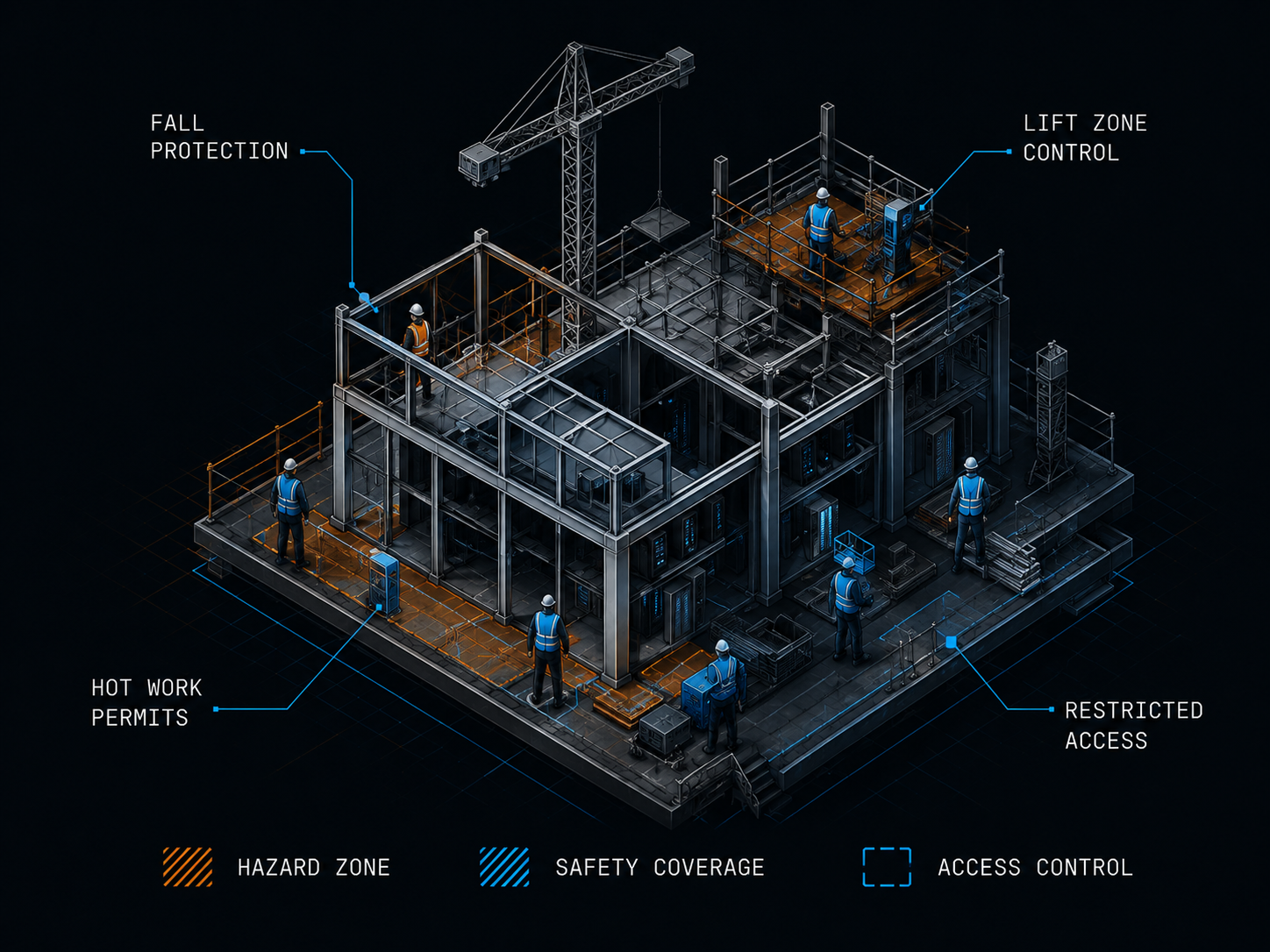 Isometric data center construction and maintenance safety diagram — fall protection, arc flash, LOTO, energized equipment, restricted access