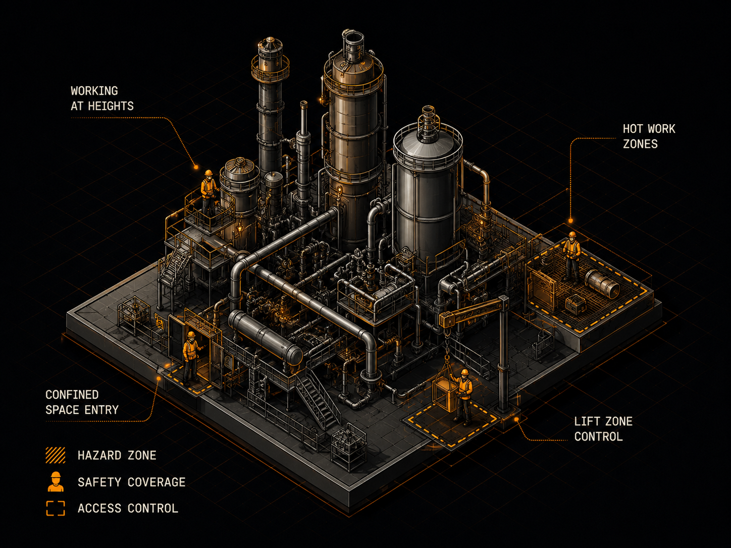 Isometric refinery safety diagram — working at heights, hot work zones, confined space entry, lift zone control