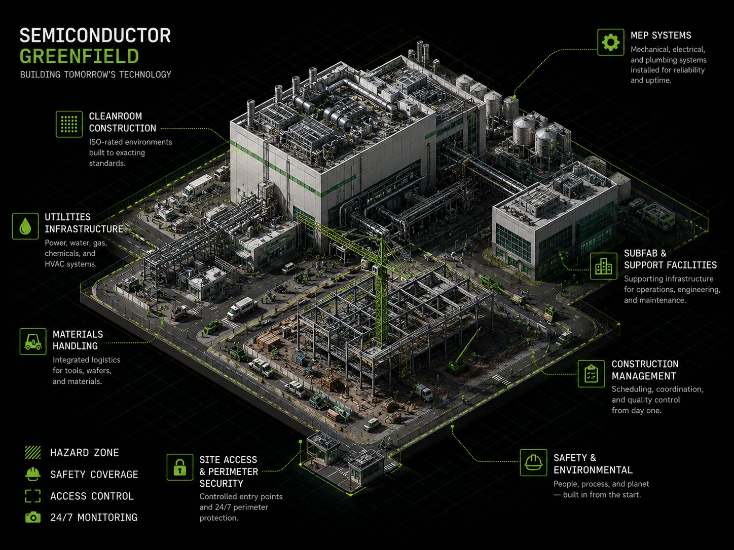 Isometric semiconductor fab greenfield construction safety diagram — cleanroom construction, MEP systems, chemical hazard management, site access and perimeter security